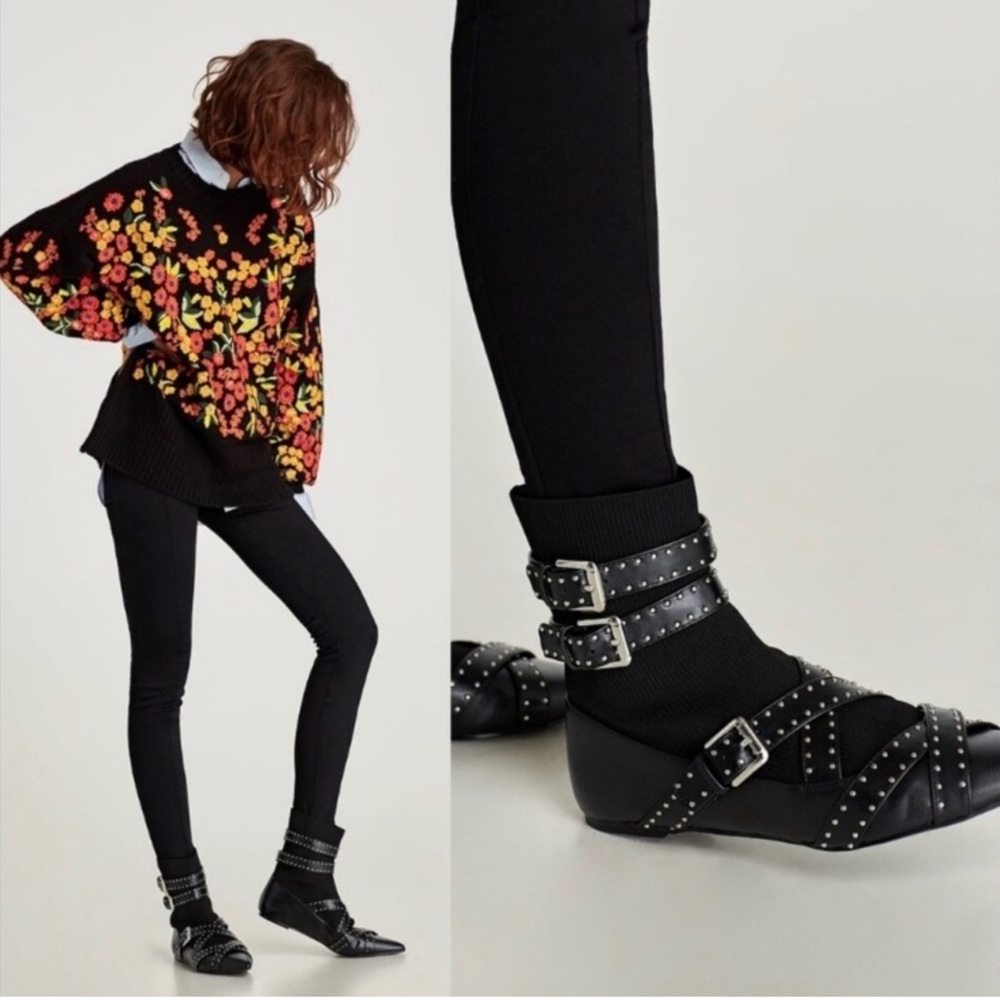 Zara Vegan Buckled Studded Sock Ankle Boot
